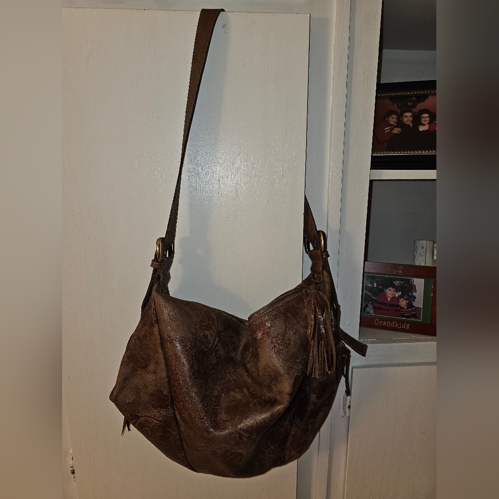 MONTINI Gorgeous Patterned Leather Shoulder Bag Purse Brown Excellent Pre-owned!
